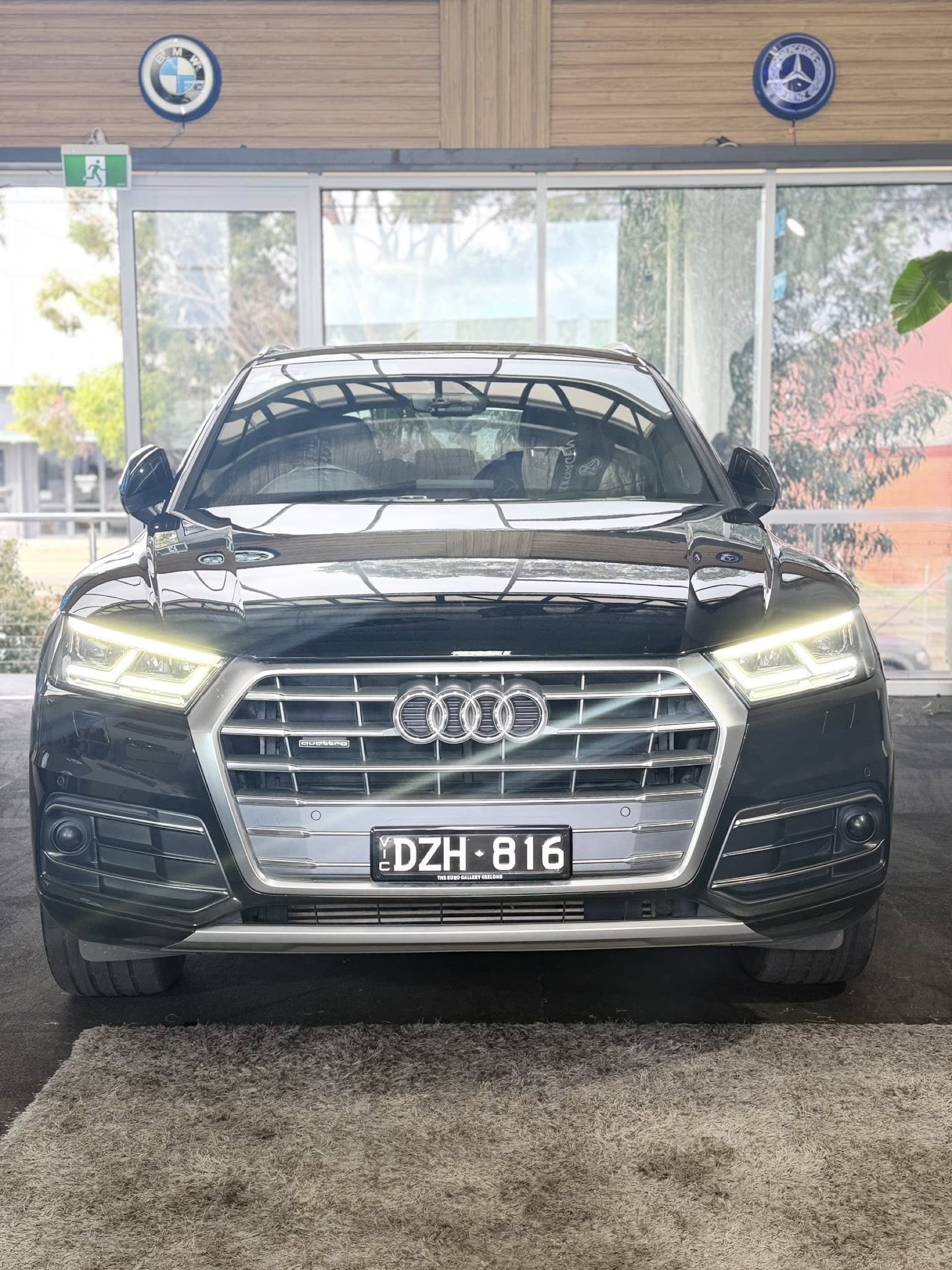 2018 Audi Q5 TFSI Quattro Sport — front, Audi single-frame grille and LED headlights